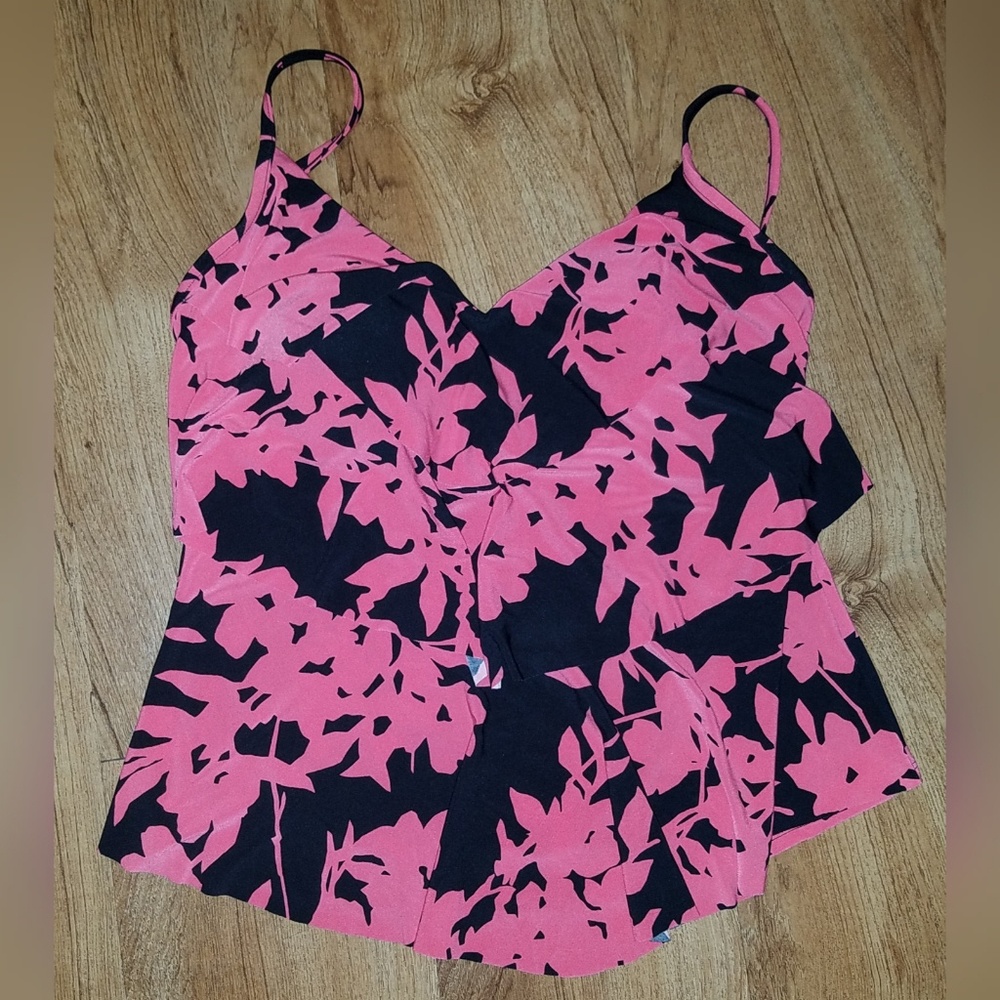 Aqua green red black flower bathing suit top